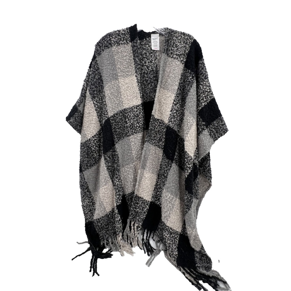 WOOLRICH Women's One Size OS Black Buffalo Check Fringed Hem Poncho Shawl-Soft!!